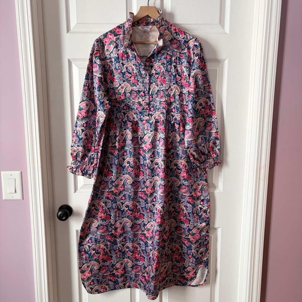 Romantic Moods Floral Paisley Nightgown Dress L Long Sleeve Button Front‎ Ruffle
